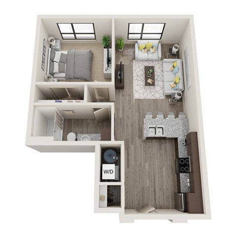 Floor plan for 1 bed, 1 bath, 703 sqft